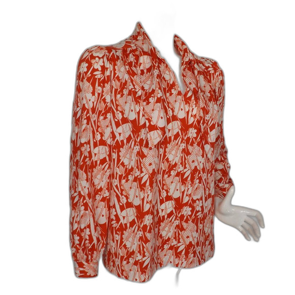 FIRE ISLANDER Vintage Blouse, M, Red-Orange/White, Sketched Floral, Long slvs - Picture 4 of 13